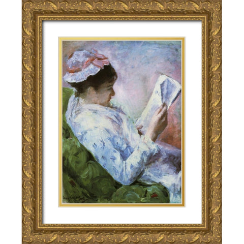 Portrait Of Lydia Reading 1879 Gold Ornate Wood Framed Art Print with Double Matting by Cassatt, Mary
