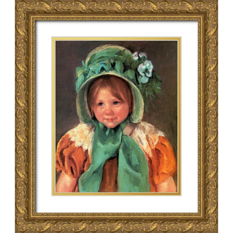 Sara In A Green Bonnet 1901 Gold Ornate Wood Framed Art Print with Double Matting by Cassatt, Mary