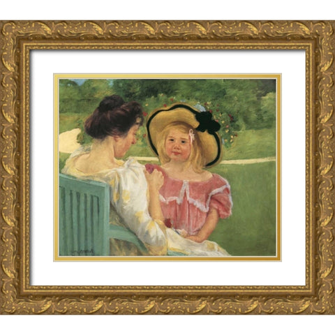 Simone And Her Mother In The Garden 1904 Gold Ornate Wood Framed Art Print with Double Matting by Cassatt, Mary
