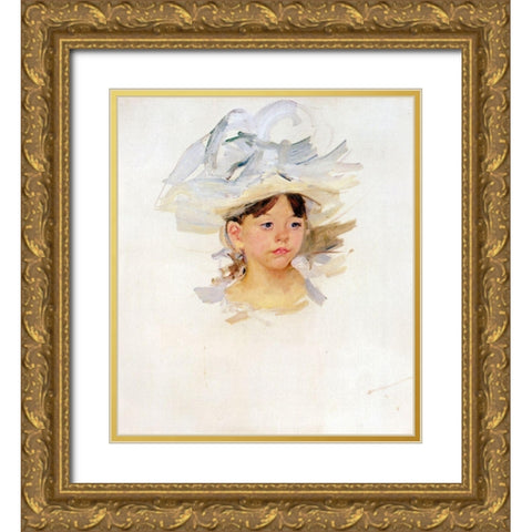 Sketch Of Mary Ellen In A Big Blue Hat Gold Ornate Wood Framed Art Print with Double Matting by Cassatt, Mary