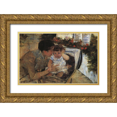 Susan Comforting The Baby 1881 Gold Ornate Wood Framed Art Print with Double Matting by Cassatt, Mary