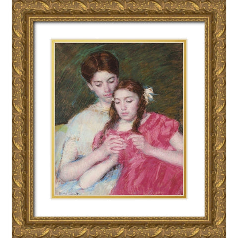 The Crochet Lesson 1913 Gold Ornate Wood Framed Art Print with Double Matting by Cassatt, Mary