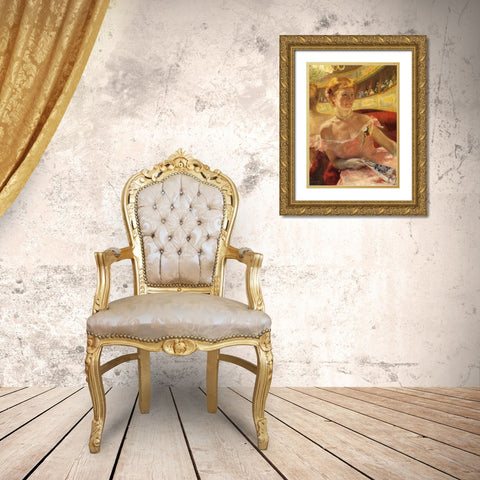 Woman In A Loge 1879 Gold Ornate Wood Framed Art Print with Double Matting by Cassatt, Mary