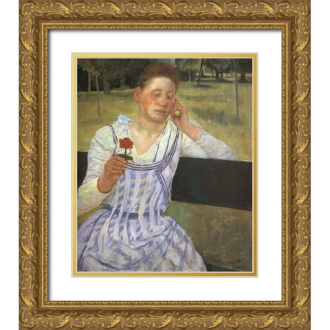 Woman With A Red Zinnia 1891 Gold Ornate Wood Framed Art Print with Double Matting by Cassatt, Mary
