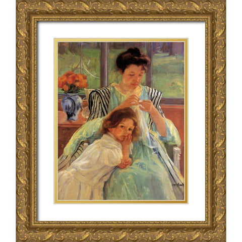 Young Mother Sewing 1900 Gold Ornate Wood Framed Art Print with Double Matting by Cassatt, Mary