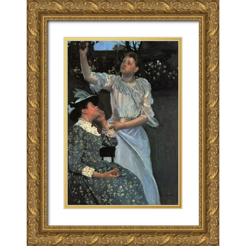 Young Women Picking Fruit 1891 Gold Ornate Wood Framed Art Print with Double Matting by Cassatt, Mary