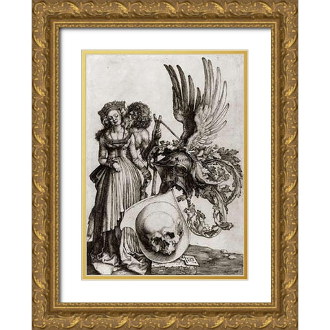 Coat Of Arms With A Skull Gold Ornate Wood Framed Art Print with Double Matting by Durer, Albrecht