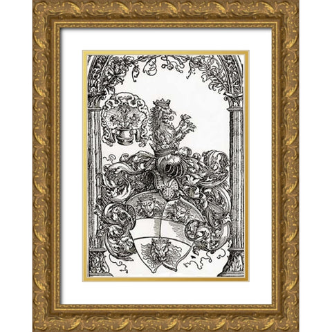 Coat Of Arms With Three Lions Heads Gold Ornate Wood Framed Art Print with Double Matting by Durer, Albrecht