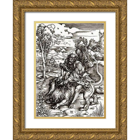 Samson Killing The Lion Gold Ornate Wood Framed Art Print with Double Matting by Durer, Albrecht