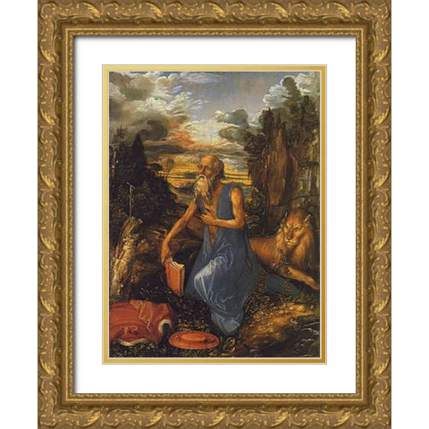 St Jerome In A Landscape Gold Ornate Wood Framed Art Print with Double Matting by Durer, Albrecht