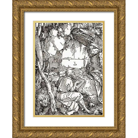 St Jerome In The Cavern Gold Ornate Wood Framed Art Print with Double Matting by Durer, Albrecht