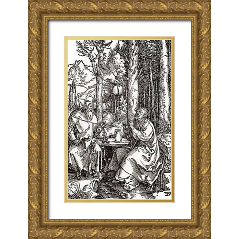The Hermits Sts Anthony And Paul Gold Ornate Wood Framed Art Print with Double Matting by Durer, Albrecht