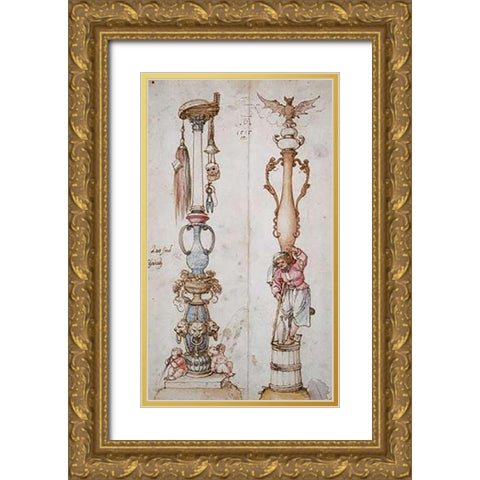 Two Emblematical Designs For Columns Gold Ornate Wood Framed Art Print with Double Matting by Durer, Albrecht