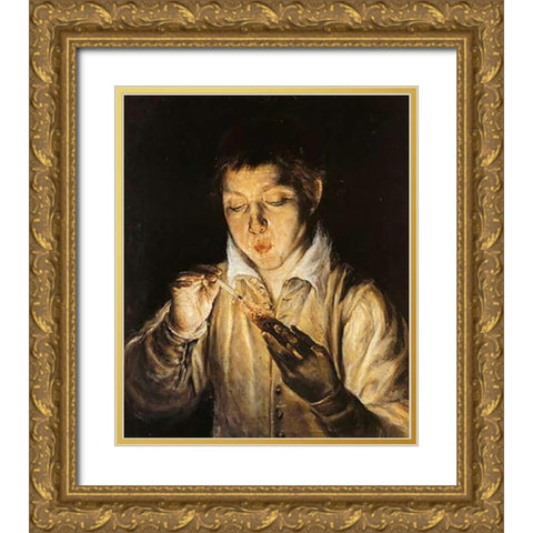 Boy Blowing On An Ember To Light A Candle Gold Ornate Wood Framed Art Print with Double Matting by Greco, El