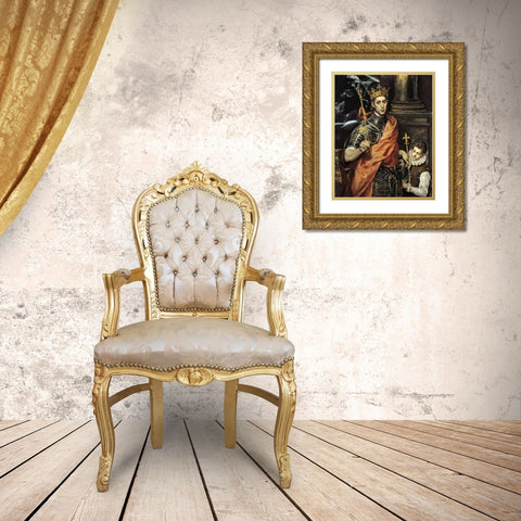 Saint Louis King Of France With A Page Gold Ornate Wood Framed Art Print with Double Matting by El Greco
