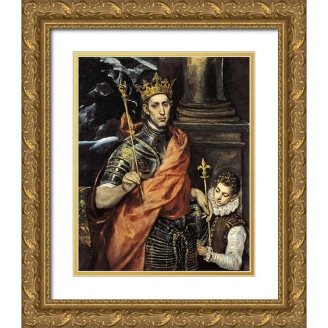 Saint Louis King Of France With A Page Gold Ornate Wood Framed Art Print with Double Matting by El Greco