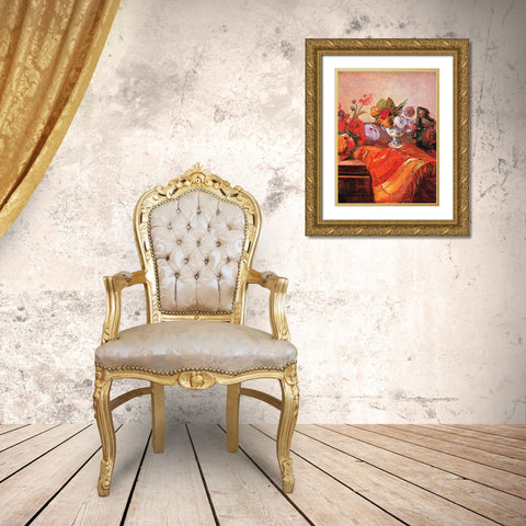 Asters On A Bureau Gold Ornate Wood Framed Art Print with Double Matting by Gauguin, Paul