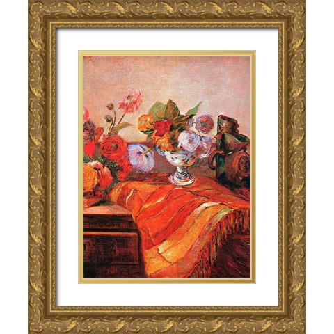 Asters On A Bureau Gold Ornate Wood Framed Art Print with Double Matting by Gauguin, Paul
