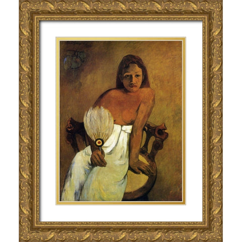 Girl With A Fan Gold Ornate Wood Framed Art Print with Double Matting by Gauguin, Paul