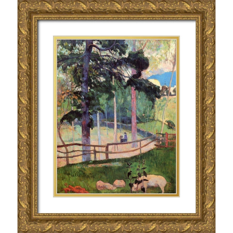 Nostalgic Promenade Gold Ornate Wood Framed Art Print with Double Matting by Gauguin, Paul