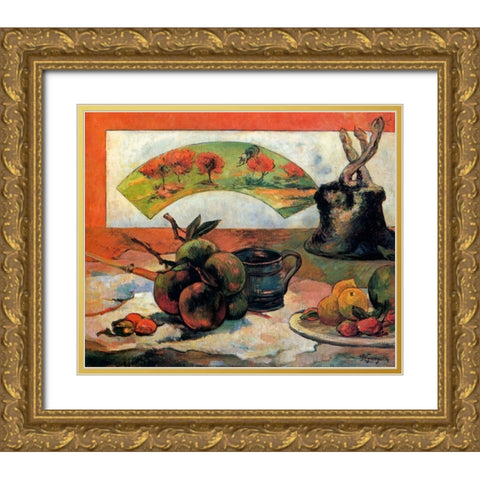 Still Life With Fan Gold Ornate Wood Framed Art Print with Double Matting by Gauguin, Paul