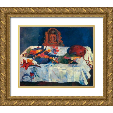 Still Life With Parrots Gold Ornate Wood Framed Art Print with Double Matting by Gauguin, Paul