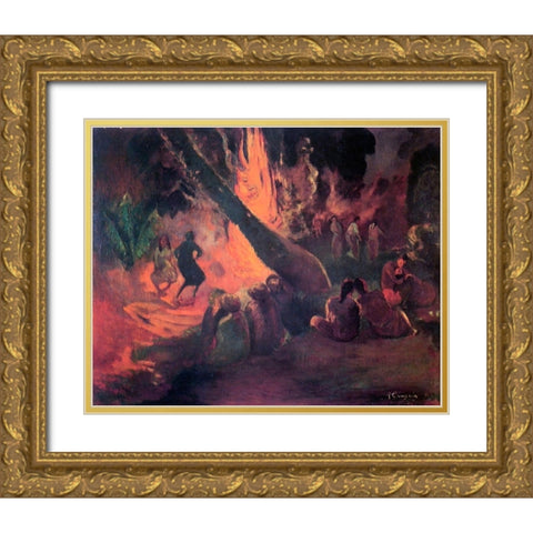 Tahitian Dance Gold Ornate Wood Framed Art Print with Double Matting by Gauguin, Paul