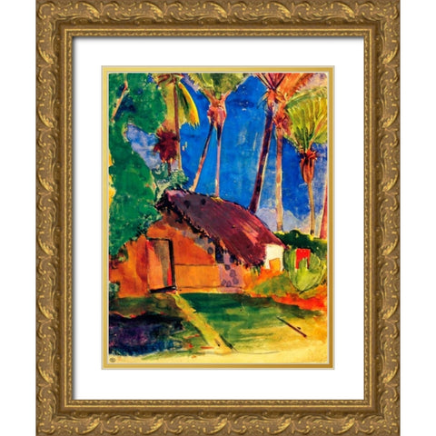 Thatched Hut Under Palm Trees Gold Ornate Wood Framed Art Print with Double Matting by Gauguin, Paul