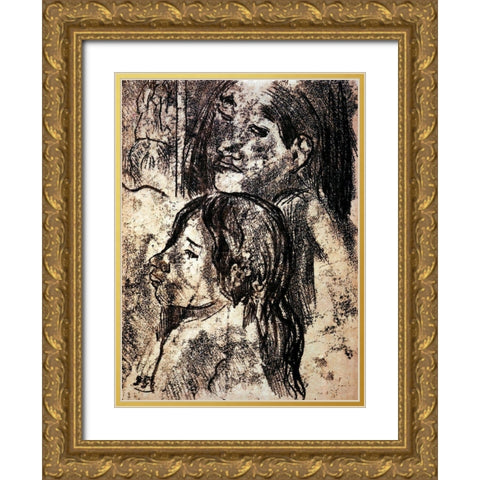 Two Marquesans Gold Ornate Wood Framed Art Print with Double Matting by Gauguin, Paul