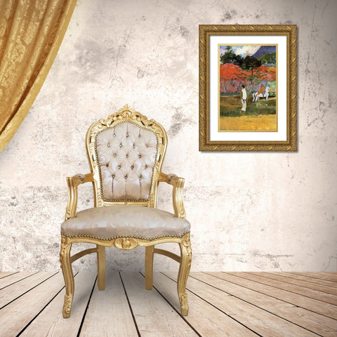 Women And White Horse Detail Gold Ornate Wood Framed Art Print with Double Matting by Gauguin, Paul