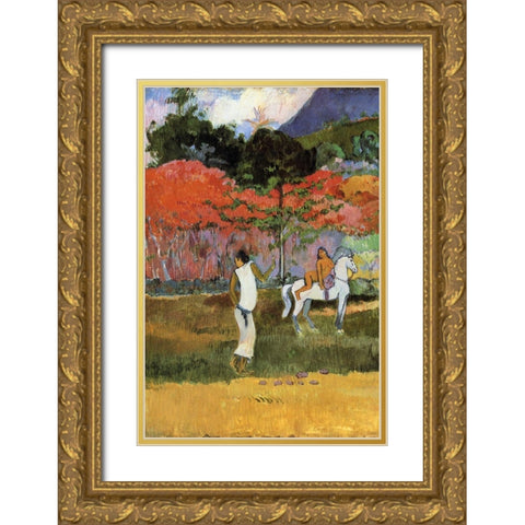 Women And White Horse Detail Gold Ornate Wood Framed Art Print with Double Matting by Gauguin, Paul