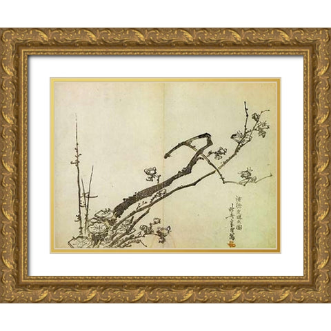A Branch Of Plum 1798 Gold Ornate Wood Framed Art Print with Double Matting by Hokusai