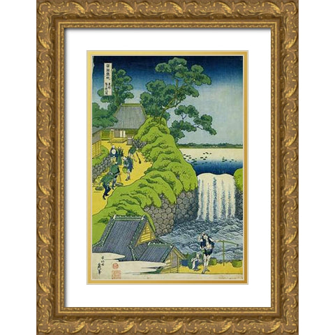 A View Of Aoigaoka Waterfall In Edo Gold Ornate Wood Framed Art Print with Double Matting by Hokusai