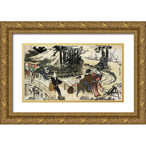 A Village By A Bridge 1798 Gold Ornate Wood Framed Art Print with Double Matting by Hokusai