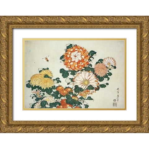 Museumysanthemum And Bee Gold Ornate Wood Framed Art Print with Double Matting by Hokusai