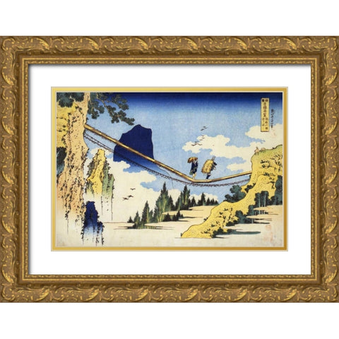 Farmers Crossing A Suspension Bridge Gold Ornate Wood Framed Art Print with Double Matting by Hokusai