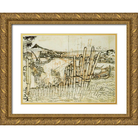Fishing At Shimadagahana 1833 Gold Ornate Wood Framed Art Print with Double Matting by Hokusai