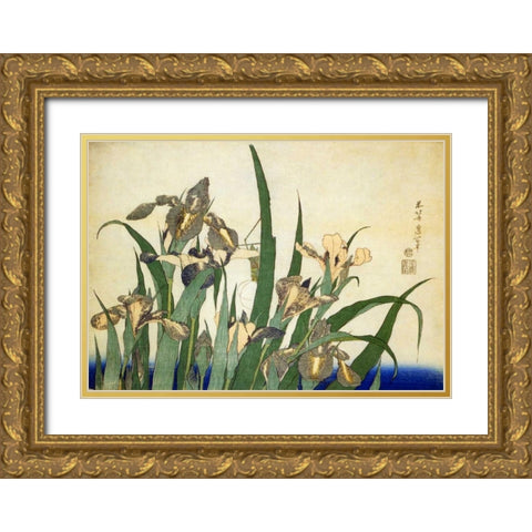 Irises Gold Ornate Wood Framed Art Print with Double Matting by Hokusai