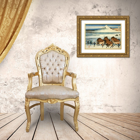 Peasants Leading Oxen In The New Fields At Ono 1835 Gold Ornate Wood Framed Art Print with Double Matting by Hokusai