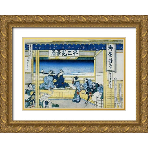 People Admiring Mount Fuji From A Teahouse 1834 Gold Ornate Wood Framed Art Print with Double Matting by Hokusai