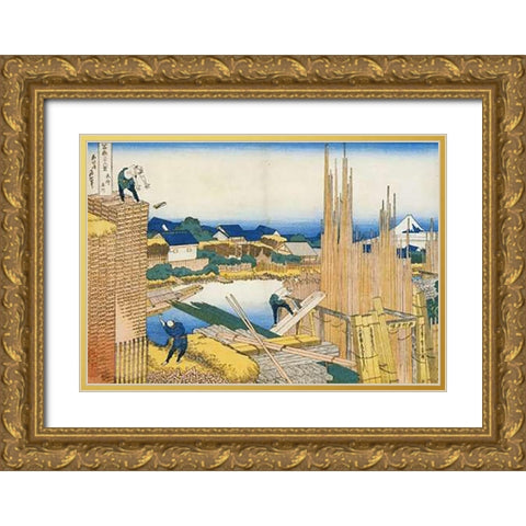 The Timber Yard By The Tate River 1835 Gold Ornate Wood Framed Art Print with Double Matting by Hokusai