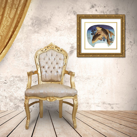 Two Carp 1831 Gold Ornate Wood Framed Art Print with Double Matting by Hokusai
