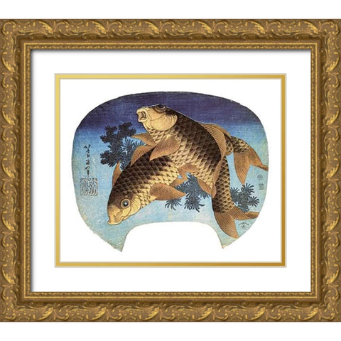 Two Carp 1831 Gold Ornate Wood Framed Art Print with Double Matting by Hokusai
