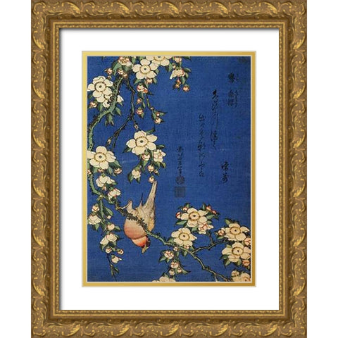 Weeping Cherry And A Bullfinch Gold Ornate Wood Framed Art Print with Double Matting by Hokusai