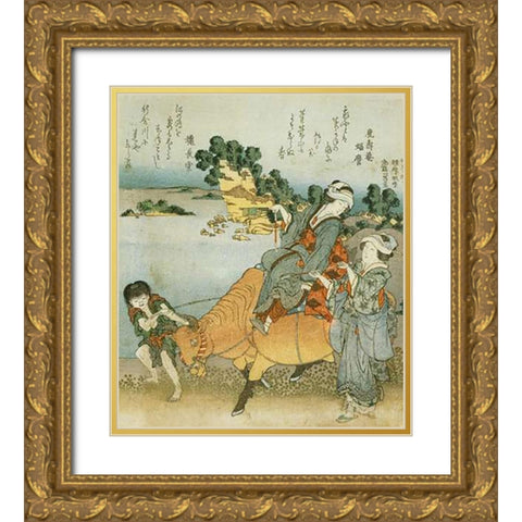 Women On The Beach At Enoshima II Gold Ornate Wood Framed Art Print with Double Matting by Hokusai