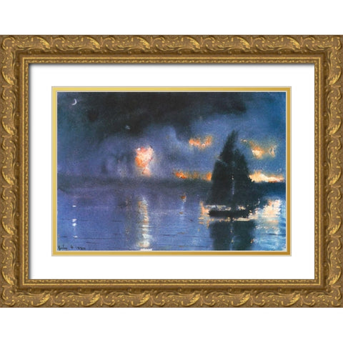 Sailboat And Fourth Of July Fireworks Gold Ornate Wood Framed Art Print with Double Matting by Homer, Winslow