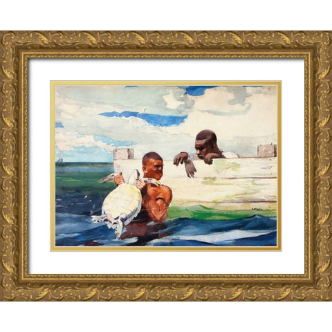 The Turtle Pond Gold Ornate Wood Framed Art Print with Double Matting by Homer, Winslow