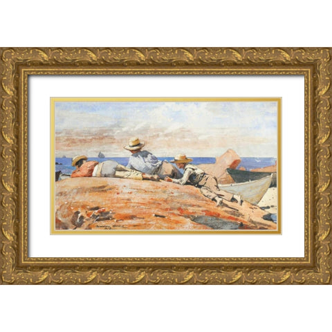 Three Boys On The Shore Gold Ornate Wood Framed Art Print with Double Matting by Homer, Winslow