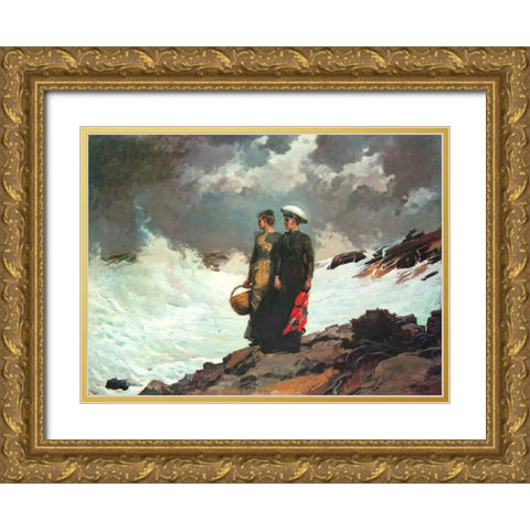 Watching The Breakers Gold Ornate Wood Framed Art Print with Double Matting by Homer, Winslow