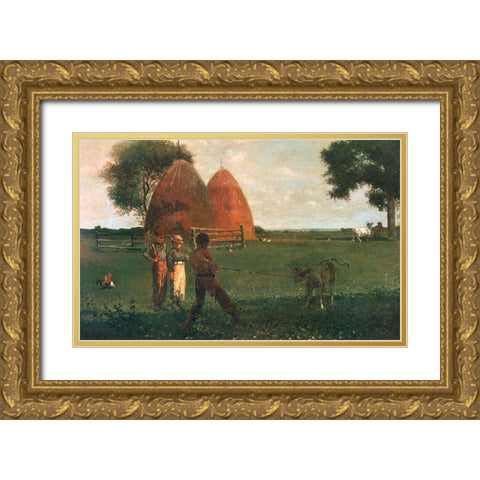 Weaning The Calf Gold Ornate Wood Framed Art Print with Double Matting by Homer, Winslow